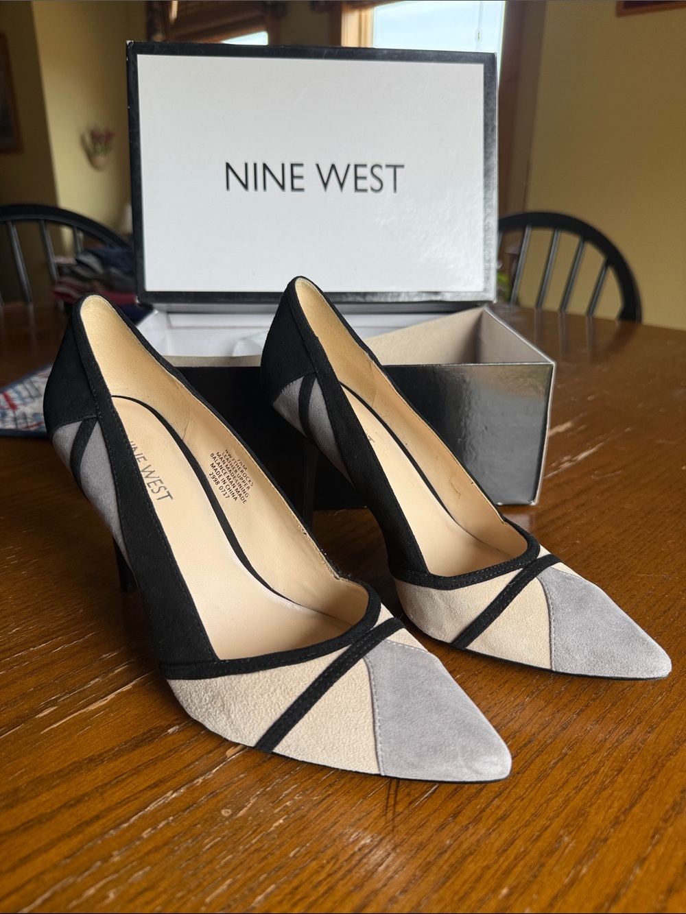 Nine West Two-Tone Pointed Toe Pumps in Black, Gray & Cream